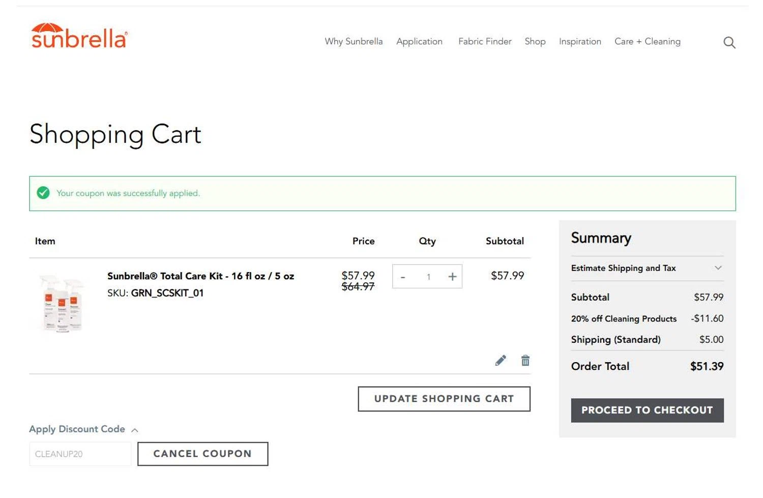 Sunbrella discount code screenshot showing code CLEANUP20 applied at Sunbrella checkout page. Uploaded by SimplyCodes community member stygian1 on Aug 21, 2025