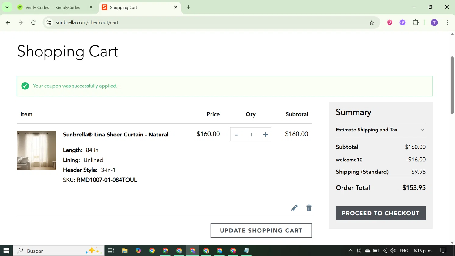 Sunbrella discount code screenshot showing code WELCOME10 applied at Sunbrella checkout page. Uploaded by SimplyCodes community member FortunateCurator5882 on Sep 19, 2025