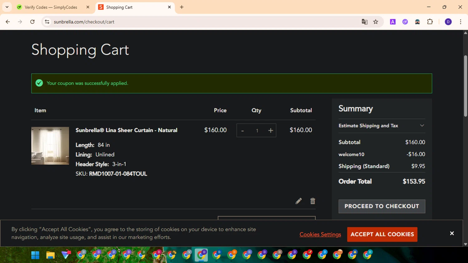 Sunbrella discount code screenshot showing code WELCOME10 applied at Sunbrella checkout page. Uploaded by SimplyCodes community member MagnificentFinder9583 on Jul 24, 2025
