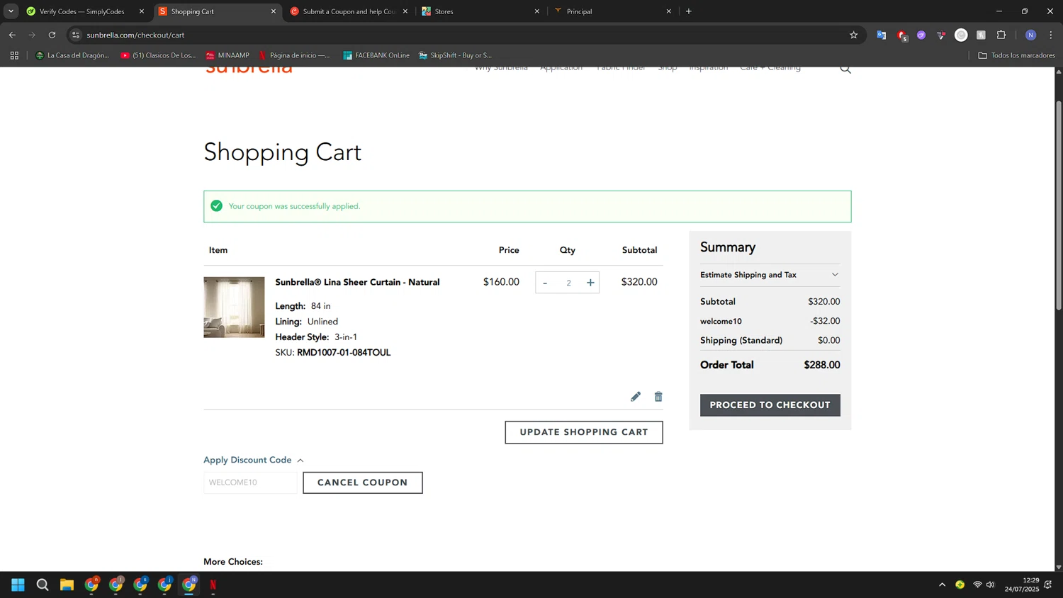 Sunbrella discount code screenshot showing code WELCOME10 applied at Sunbrella checkout page. Uploaded by SimplyCodes community member RoyalGuardian2978 on Jul 24, 2025