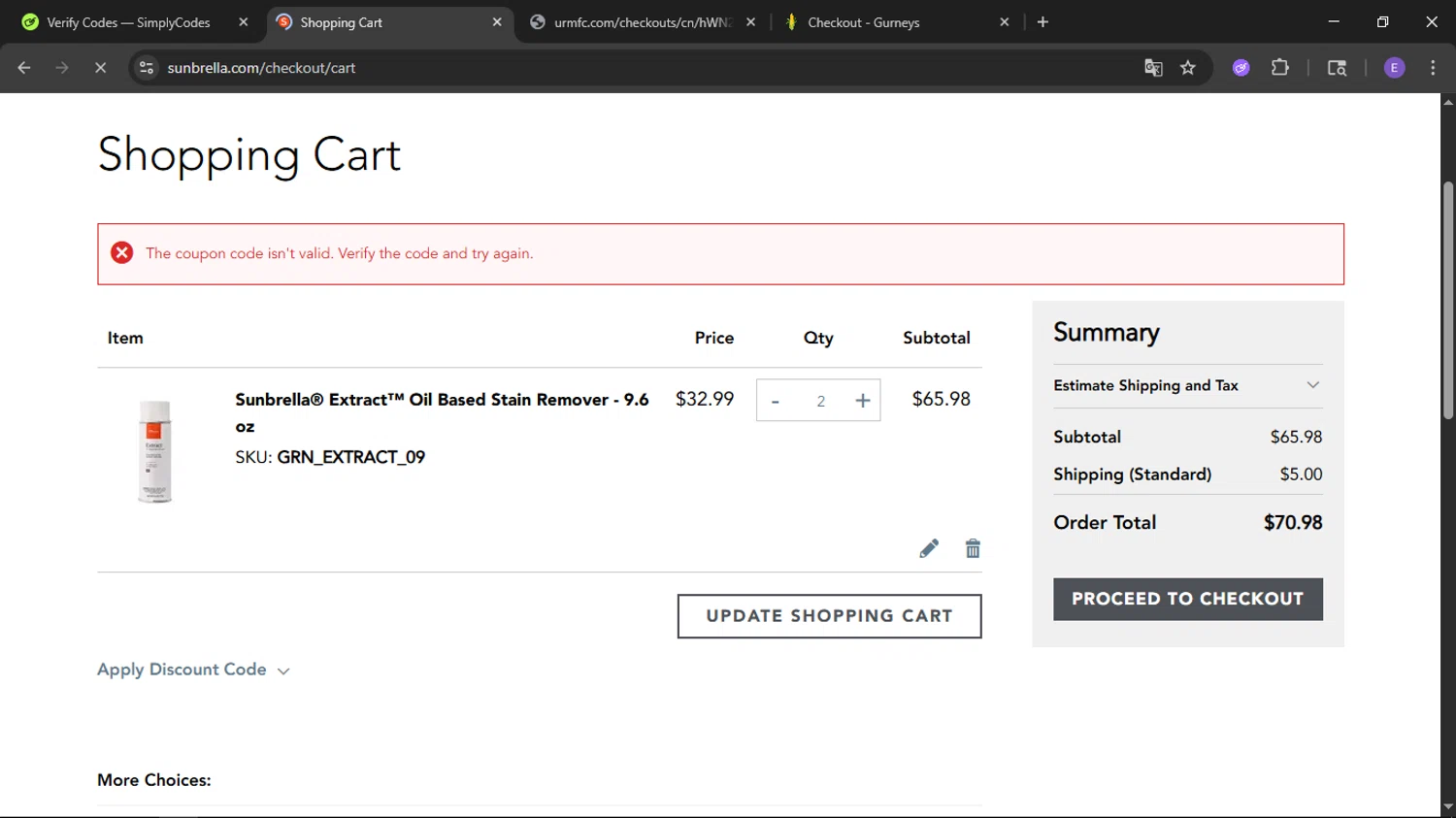 Sunbrella discount code screenshot showing code CLEANUP20 applied at Sunbrella checkout page. Uploaded by SimplyCodes community member satoru on Sep 11, 2025