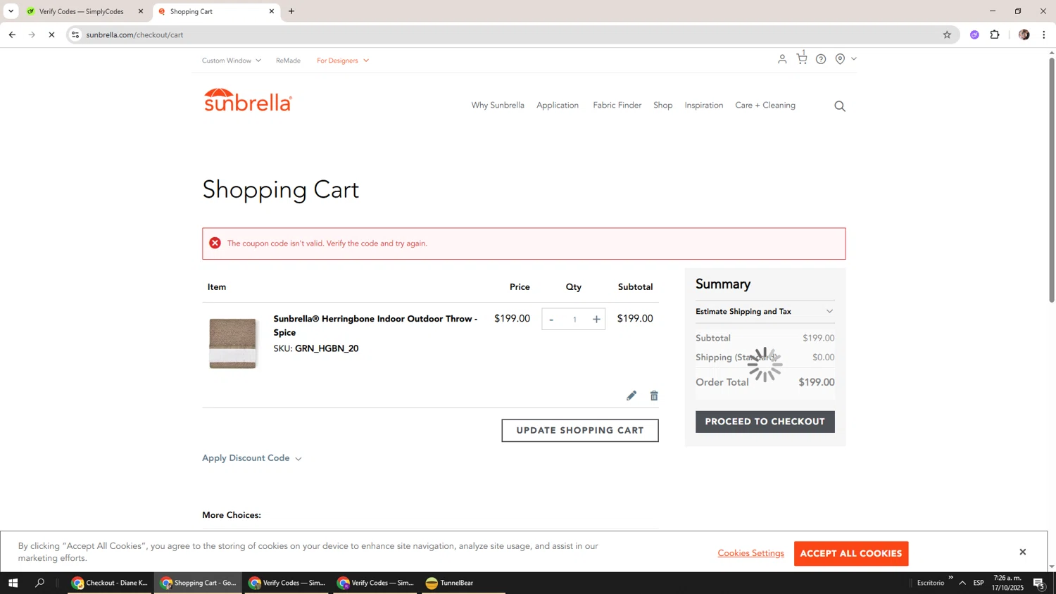 Sunbrella discount code screenshot showing code WELCOMEFALL20 applied at Sunbrella checkout page. Uploaded by SimplyCodes community member Levi_Ackerman on Oct 17, 2025