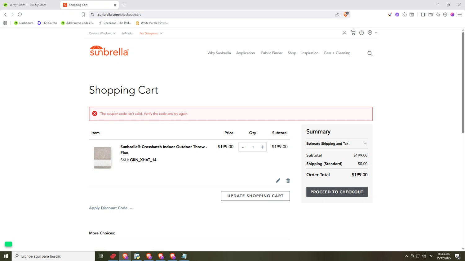 Sunbrella discount code screenshot showing code BFCM25 applied at Sunbrella checkout page. Uploaded by SimplyCodes community member Nezukooo on Dec 25, 2025