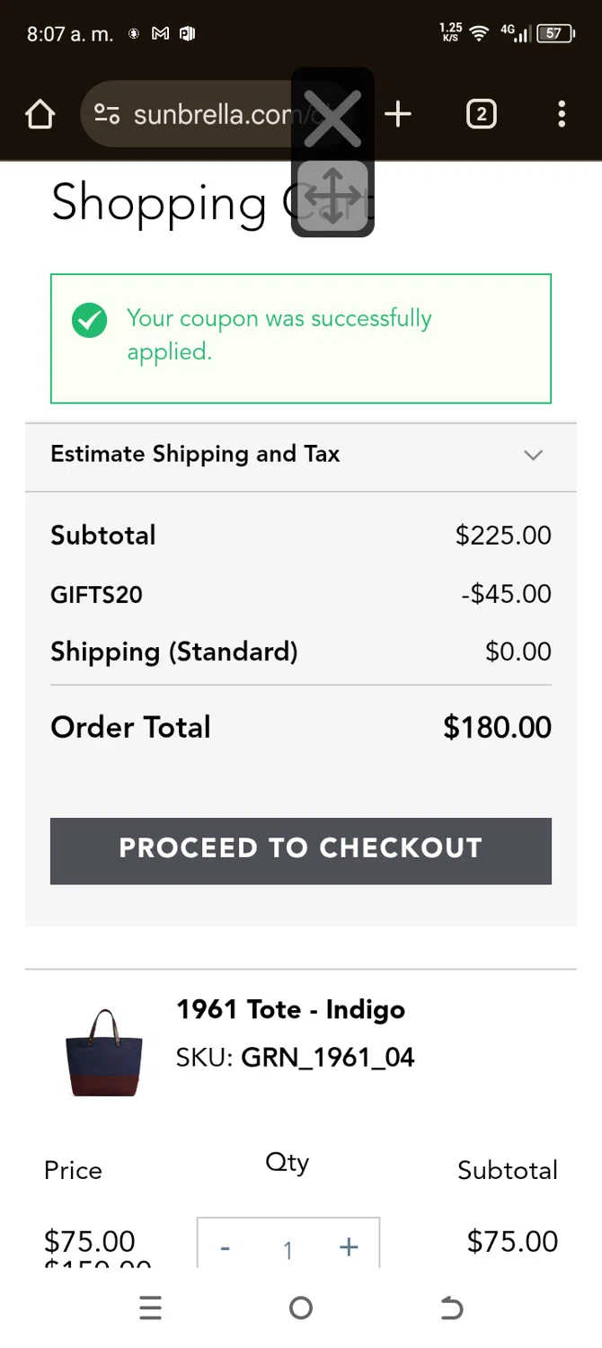 Sunbrella discount code screenshot showing code GIFTS20 applied at Sunbrella checkout page. Uploaded by SimplyCodes community member qlqtu_tegane on Dec 4, 2025