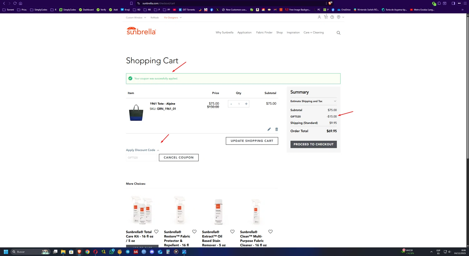 Sunbrella discount code screenshot showing code GIFTS20 applied at Sunbrella checkout page. Uploaded by SimplyCodes community member UnkNownVnzla on Dec 4, 2025