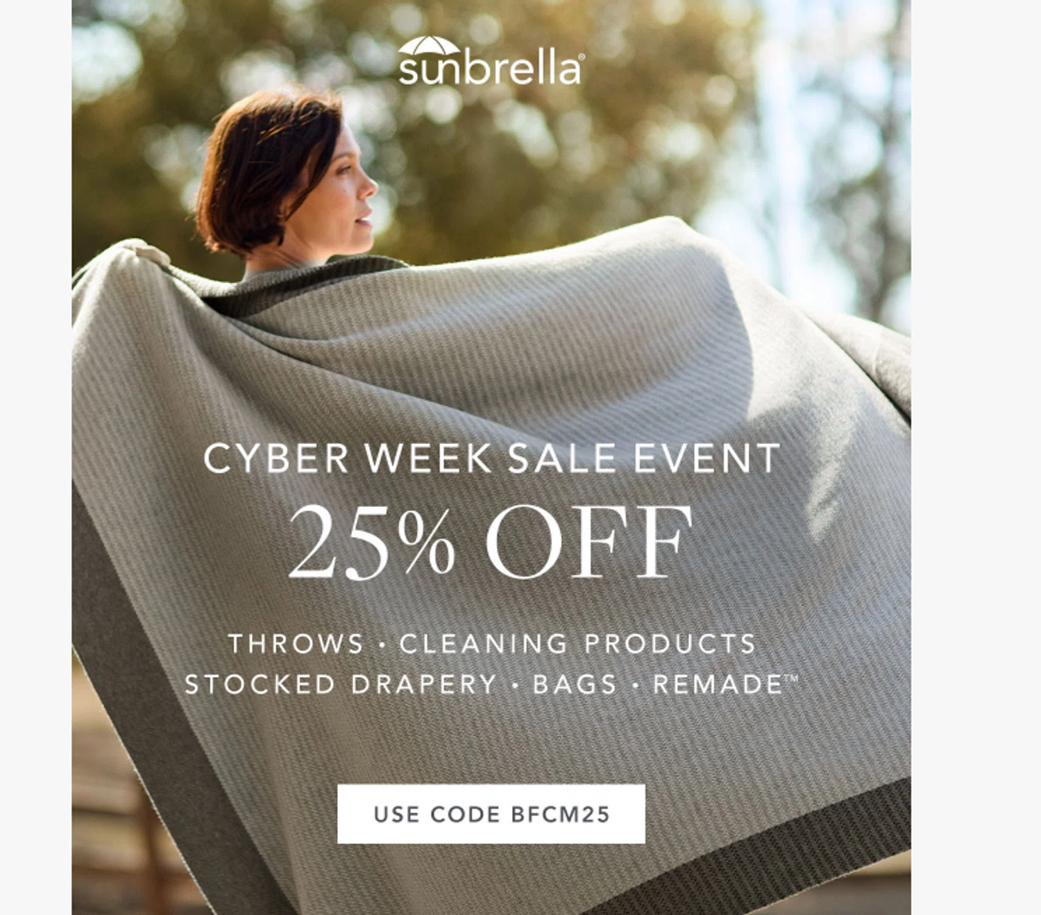 Sunbrella discount code screenshot showing code BFCM25 applied at Sunbrella checkout page. Uploaded by SimplyCodes community member jesspea on Nov 26, 2025