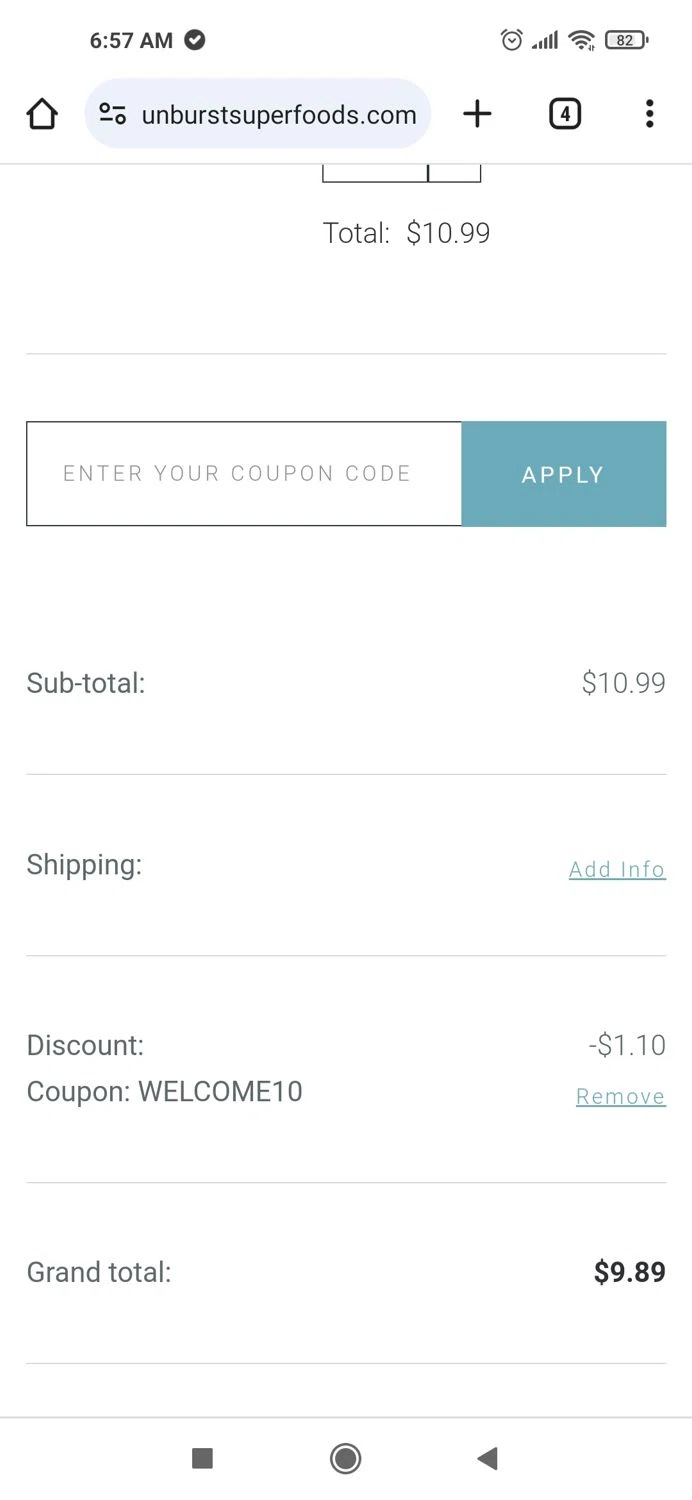 SunburstSuperfoods checkout page showing SunburstSuperfoods promo code box | Screenshot taken by SimplyCodes community member on Feb 20, 2024