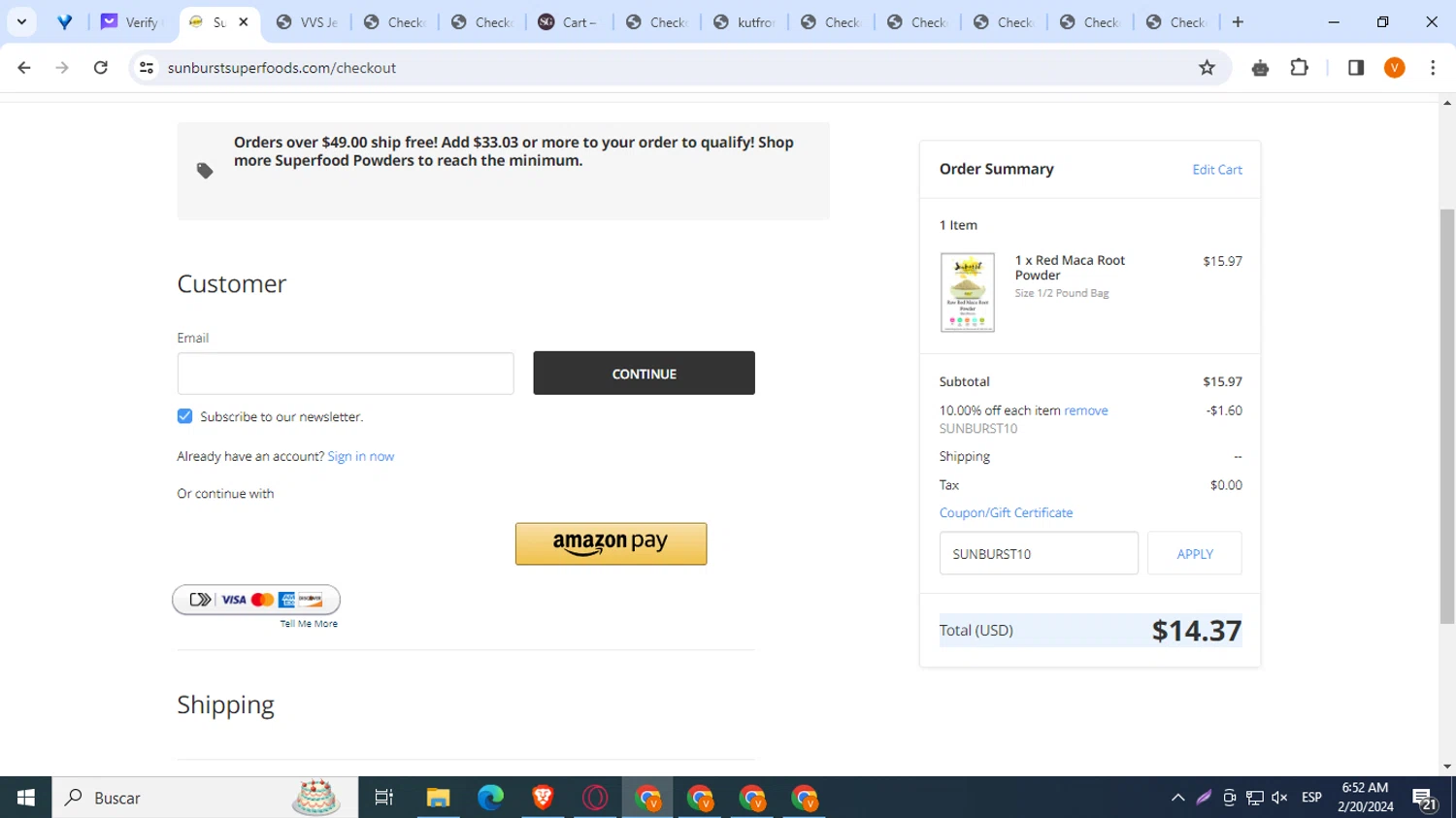 SunburstSuperfoods checkout page showing SunburstSuperfoods promo code box | Screenshot taken by SimplyCodes community member on Feb 20, 2024