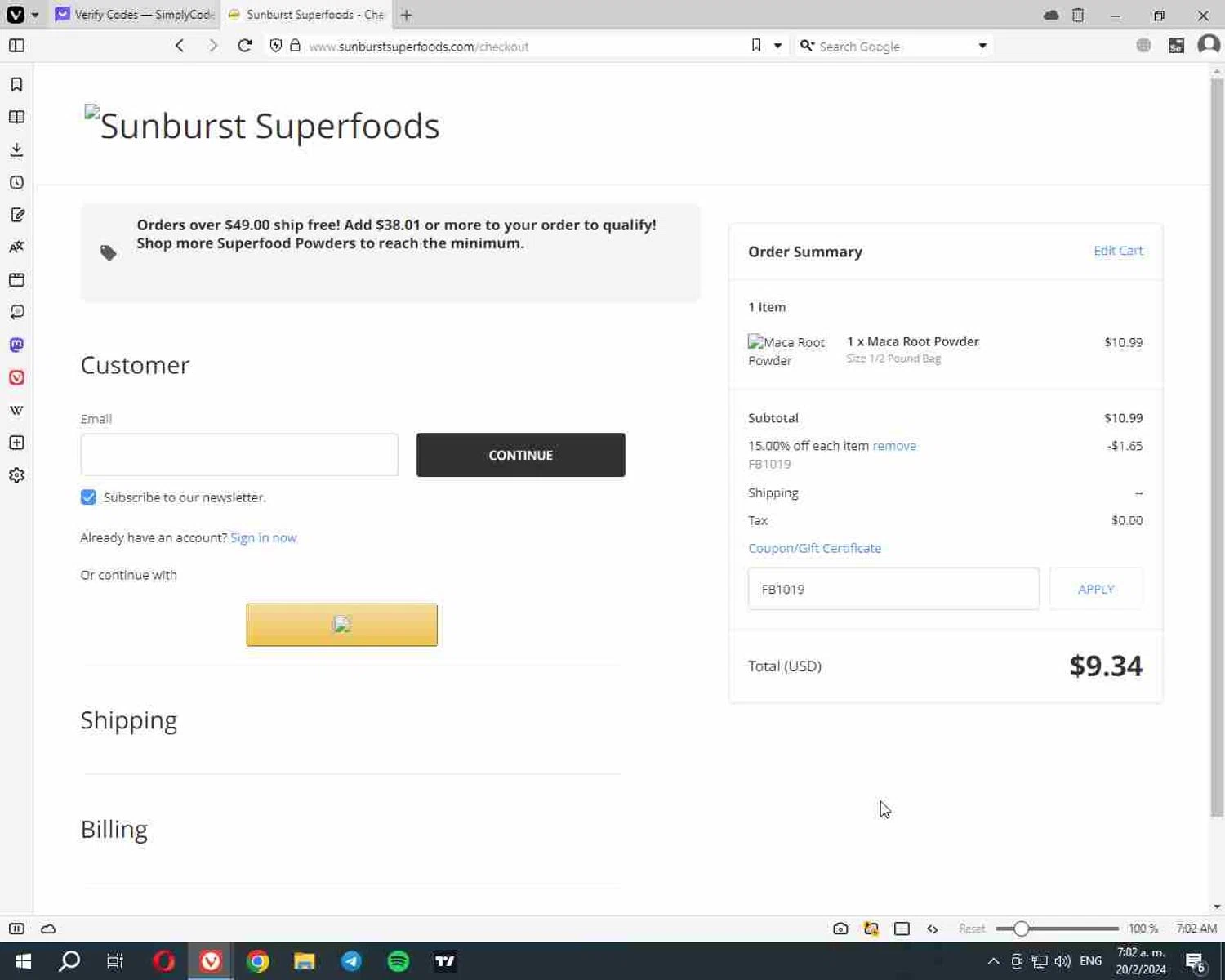 SunburstSuperfoods checkout page showing SunburstSuperfoods promo code box | Screenshot taken by SimplyCodes community member on Feb 20, 2024
