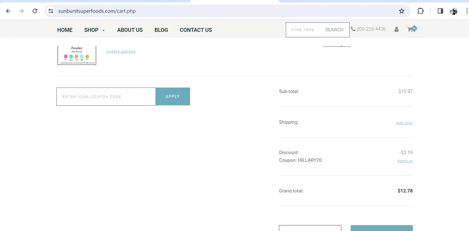 SunburstSuperfoods checkout page showing SunburstSuperfoods promo code box | Screenshot taken by SimplyCodes community member on Feb 20, 2024