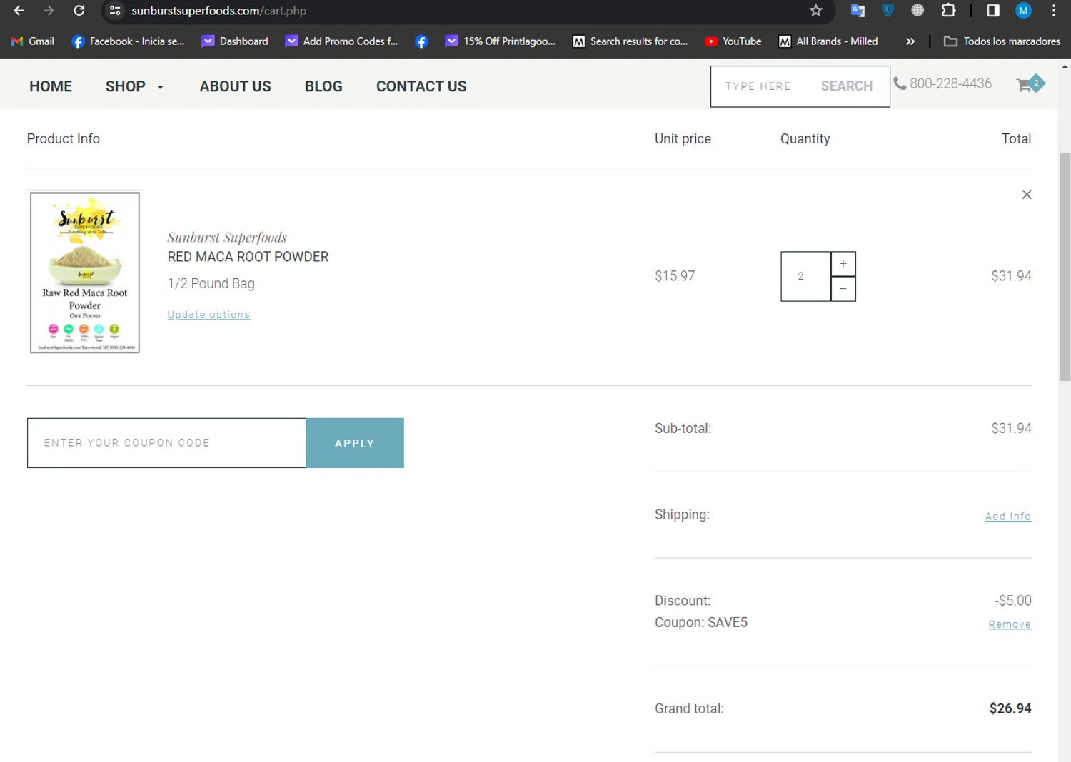 SunburstSuperfoods checkout page showing SunburstSuperfoods promo code box | Screenshot taken by SimplyCodes community member on Feb 20, 2024