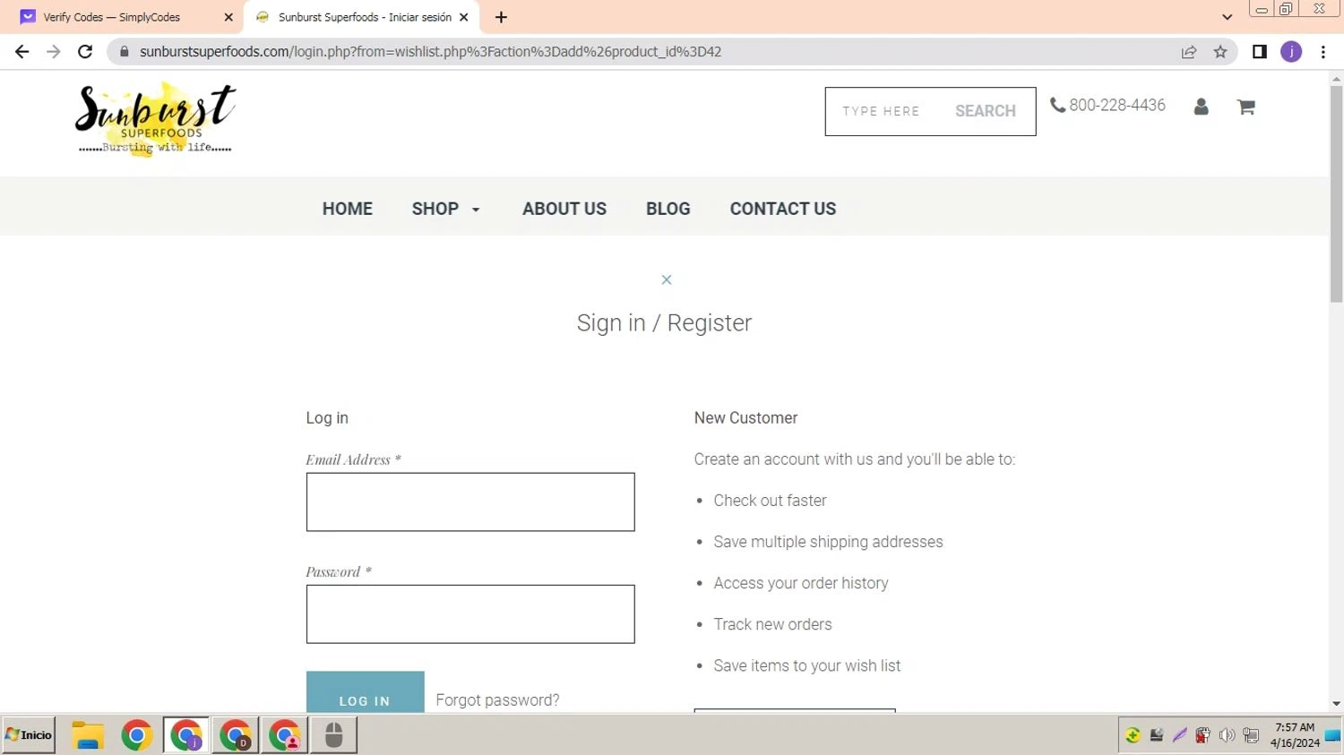 SunburstSuperfoods checkout page showing SunburstSuperfoods promo code box | Screenshot taken by SimplyCodes community member on Apr 16, 2024