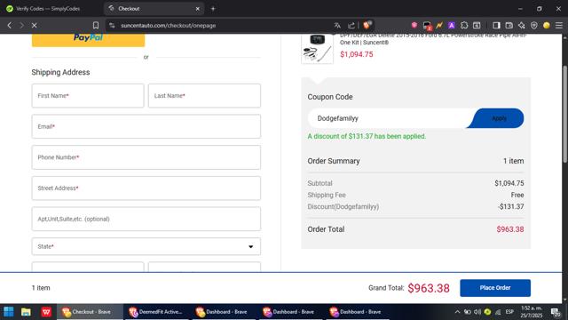 SUNCENTAUTO checkout page showing SUNCENTAUTO promo code box | Screenshot taken by SimplyCodes community member on Jul 25, 2025
