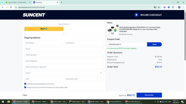SUNCENTAUTO checkout page showing SUNCENTAUTO promo code box | Screenshot taken by SimplyCodes community member on Aug 30, 2025