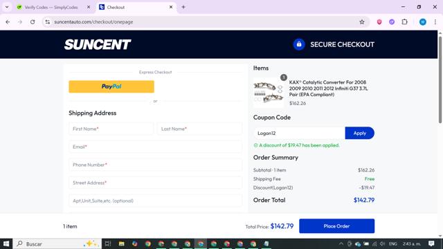 SUNCENTAUTO checkout page showing SUNCENTAUTO promo code box | Screenshot taken by SimplyCodes community member on Sep 9, 2025