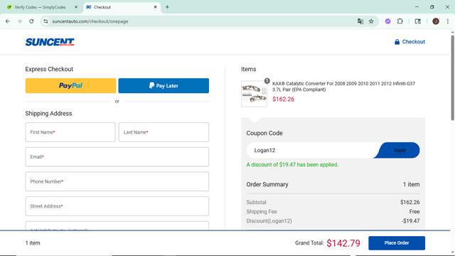 SUNCENTAUTO checkout page showing SUNCENTAUTO promo code box | Screenshot taken by SimplyCodes community member on Jul 25, 2025