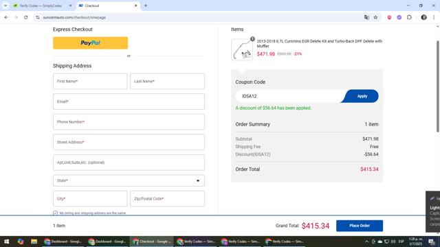 SUNCENTAUTO checkout page showing SUNCENTAUTO promo code box | Screenshot taken by SimplyCodes community member on Jul 3, 2025