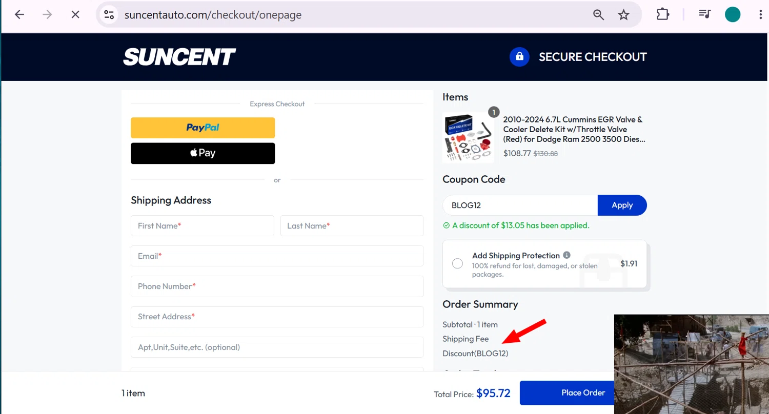 SUNCENTAUTO promo code screenshot showing code BLOG12 applied at SUNCENTAUTO checkout page. Uploaded by SimplyCodes community member anosesmith on Jun 12, 2026
