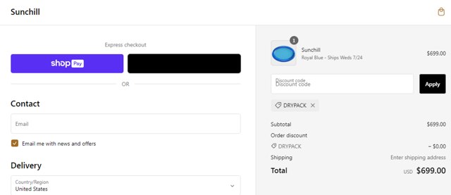 Sunchill checkout page showing Sunchill discount code box | Screenshot taken by SimplyCodes community member on Jul 24, 2024