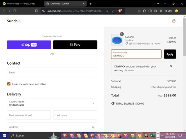 Sunchill checkout page showing Sunchill discount code box | Screenshot taken by SimplyCodes community member on Sep 20, 2024