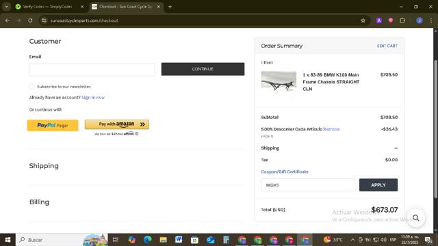Sun Coast Cycle Sports checkout page showing Sun Coast Cycle Sports promo code box | Screenshot taken by SimplyCodes community member on Jul 23, 2025