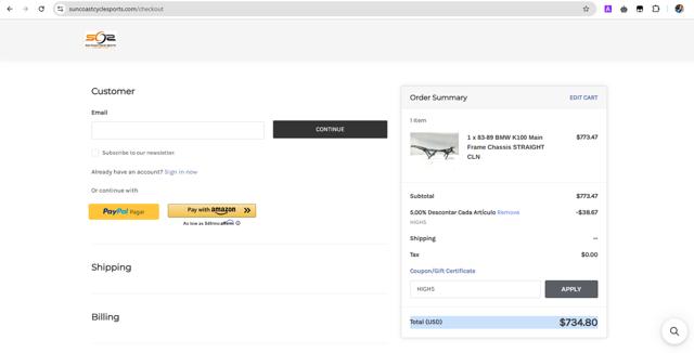 Sun Coast Cycle Sports checkout page showing Sun Coast Cycle Sports promo code box | Screenshot taken by SimplyCodes community member on May 11, 2025