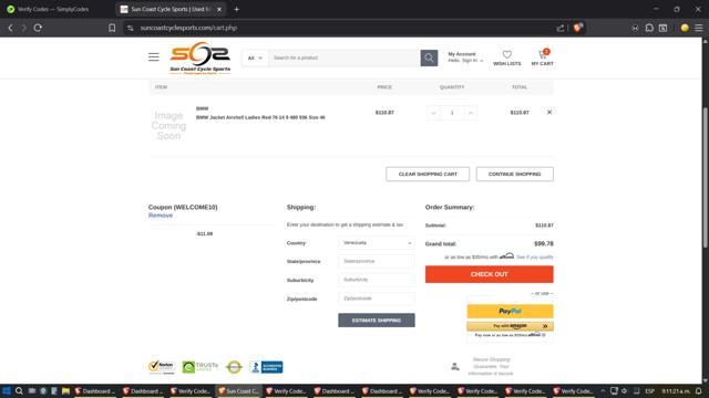 Sun Coast Cycle Sports checkout page showing Sun Coast Cycle Sports promo code box | Screenshot taken by SimplyCodes community member on Sep 11, 2025
