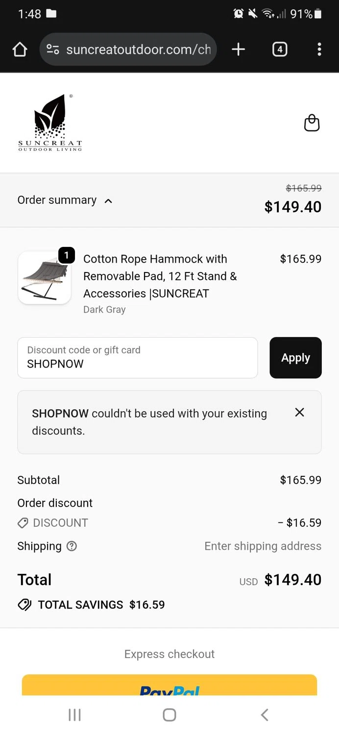 SUNCREAT promo code screenshot showing code SHOPNOW applied at SUNCREAT checkout page. Uploaded by SimplyCodes community member CouponSaver4196 on Oct 14, 2025