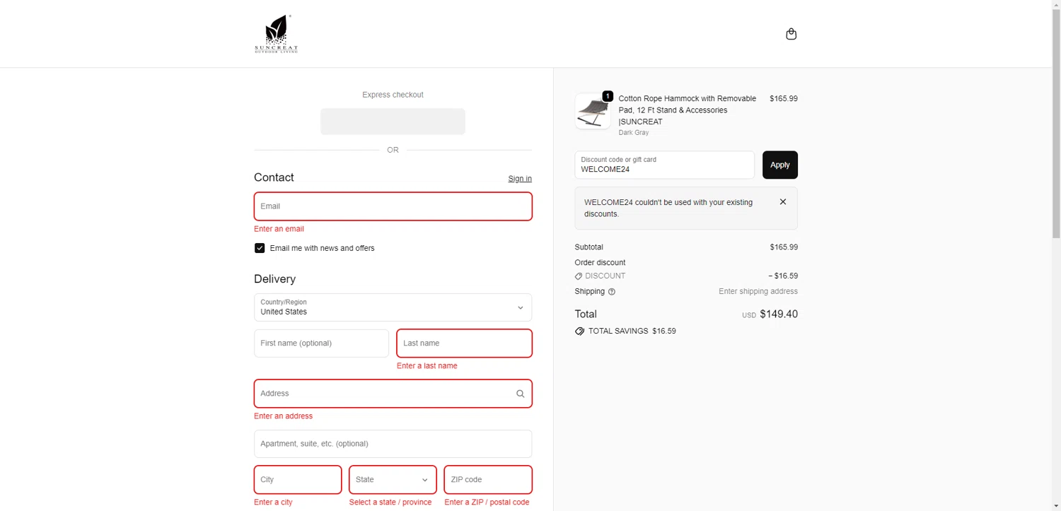 SUNCREAT promo code screenshot showing code WELCOME24 applied at SUNCREAT checkout page. Uploaded by SimplyCodes community member CrownWhiz8114 on Oct 7, 2025
