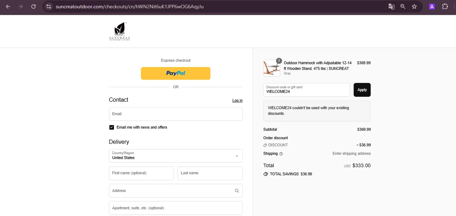 SUNCREAT promo code screenshot showing code WELCOME24 applied at SUNCREAT checkout page. Uploaded by SimplyCodes community member PennyAdmiral6960 on Aug 30, 2025