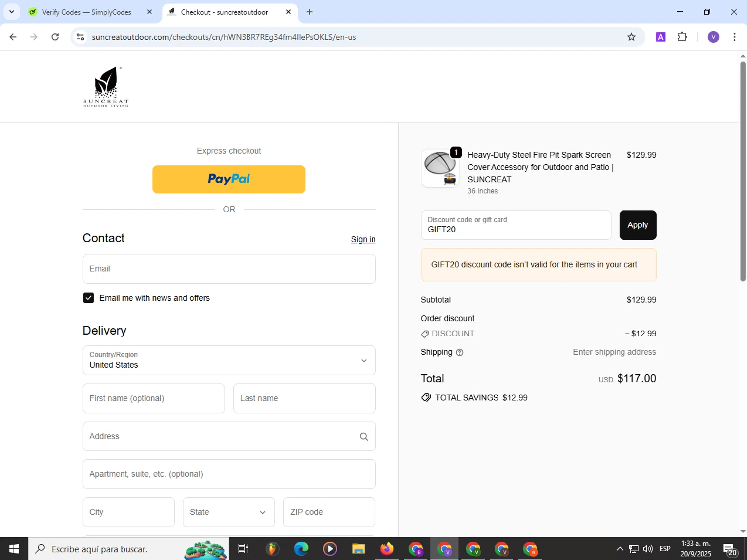 SUNCREAT promo code screenshot showing code GIFT20 applied at SUNCREAT checkout page. Uploaded by SimplyCodes community member Satoru_gojo on Sep 20, 2025