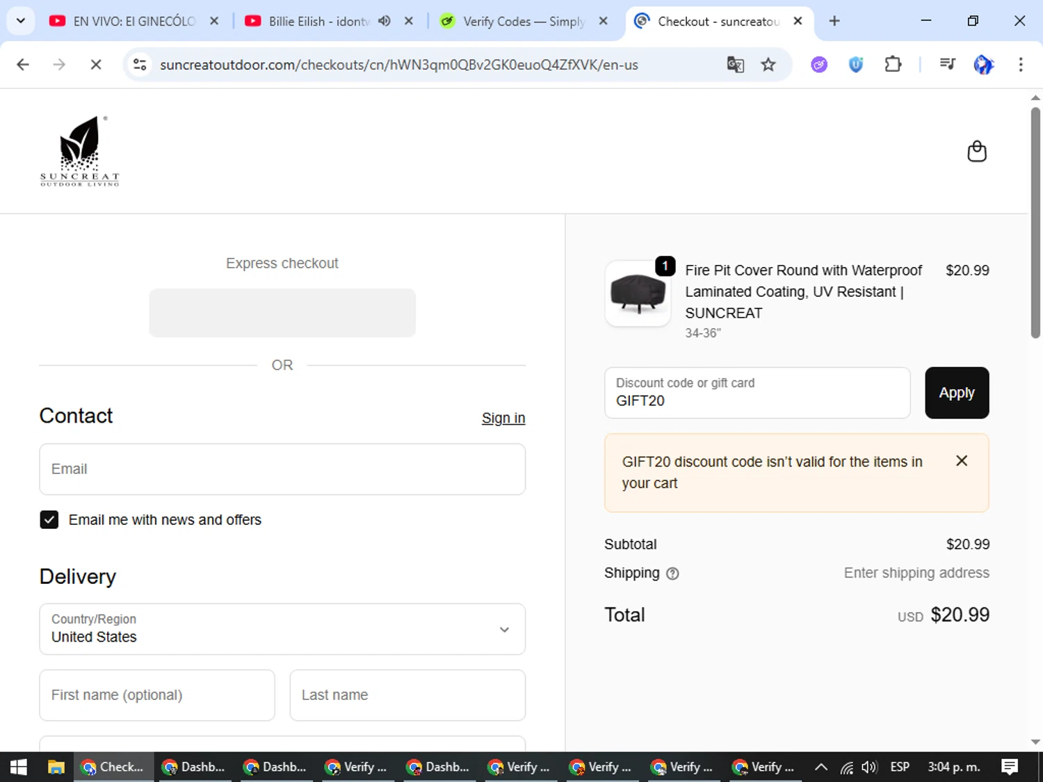 SUNCREAT promo code screenshot showing code GIFT20 applied at SUNCREAT checkout page. Uploaded by SimplyCodes community member WiseHunter8213 on Oct 7, 2025