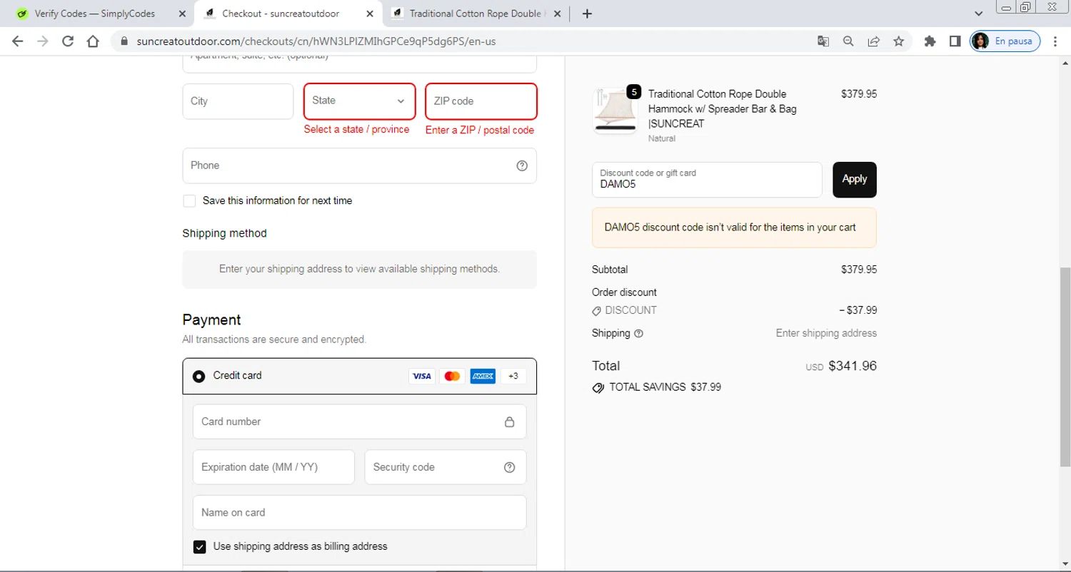 SUNCREAT promo code screenshot showing code DAMO5 applied at SUNCREAT checkout page. Uploaded by SimplyCodes community member PrimeAdmiral8733 on Sep 24, 2025