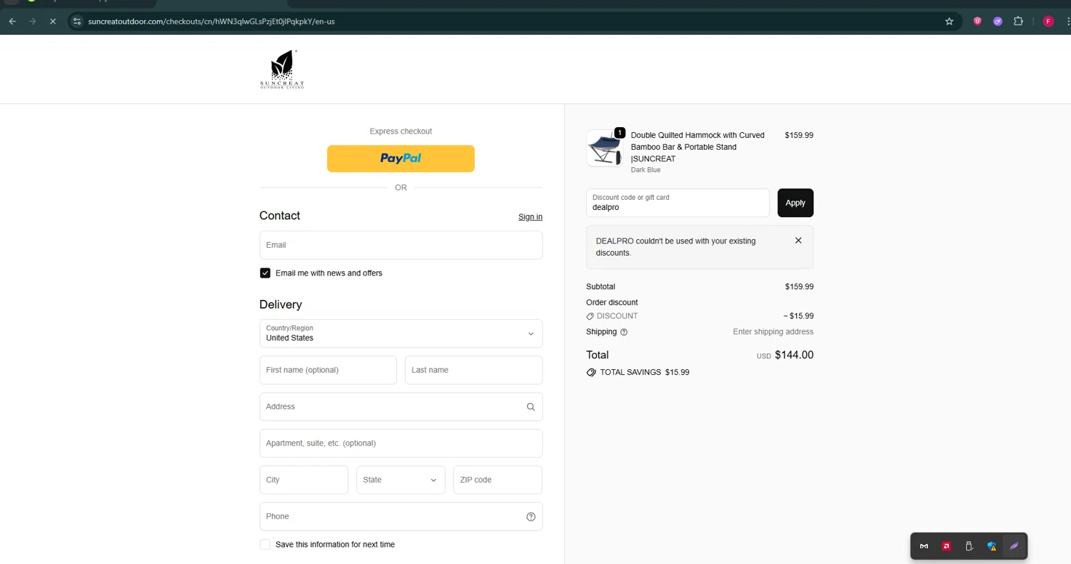 SUNCREAT promo code screenshot showing code dealpro applied at SUNCREAT checkout page. Uploaded by SimplyCodes community member ExtraordinaryVirtuoso281 on Oct 7, 2025