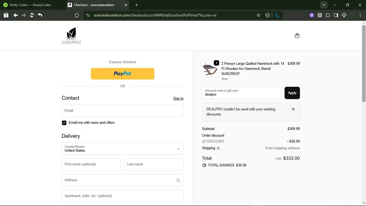 SUNCREAT promo code screenshot showing code dealpro applied at SUNCREAT checkout page. Uploaded by SimplyCodes community member RewardMonarch1185 on Oct 6, 2025