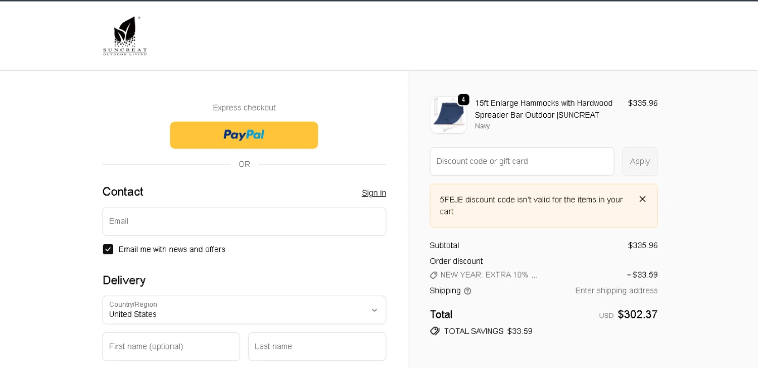SUNCREAT checkout page showing SUNCREAT promo code box | Screenshot taken by SimplyCodes community member on Jan 7, 2026