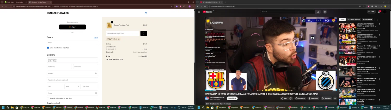 Sundae Flowers discount code screenshot showing code SUPPORT_15 applied at Sundae Flowers checkout page. Uploaded by SimplyCodes community member PennyWizard1195 on Nov 6, 2025