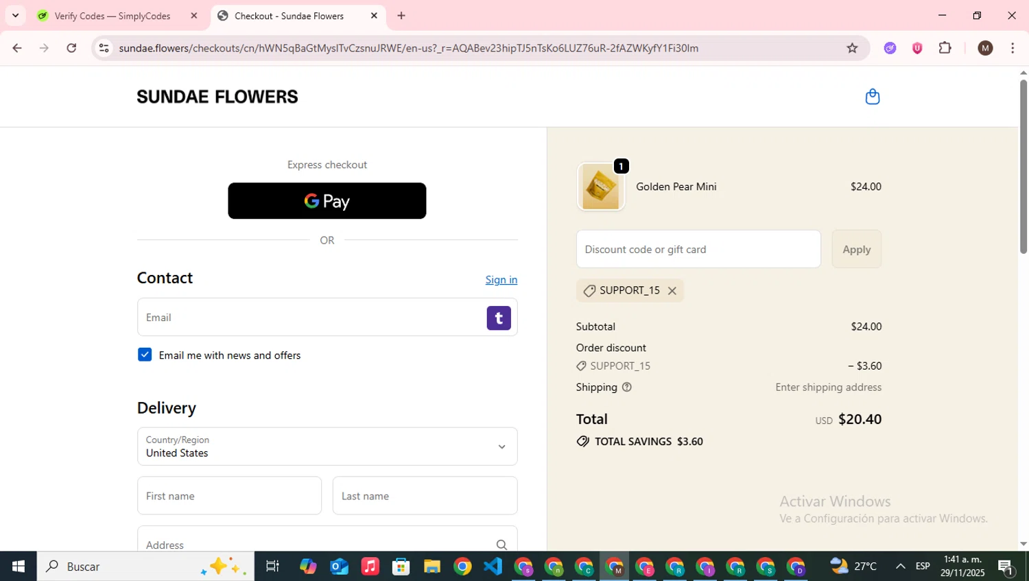Sundae Flowers discount code screenshot showing code SUPPORT_15 applied at Sundae Flowers checkout page. Uploaded by SimplyCodes community member WonderWizard9060 on Nov 29, 2025