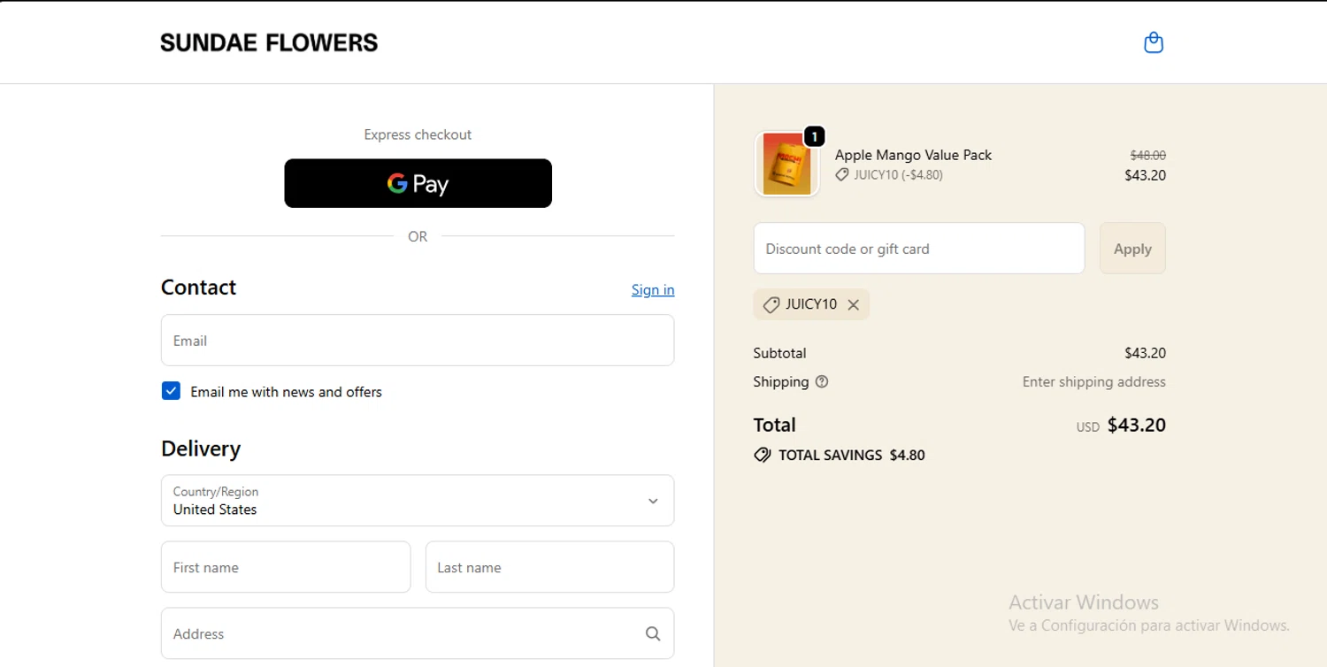 Sundae Flowers discount code screenshot showing code JUICY10 applied at Sundae Flowers checkout page. Uploaded by SimplyCodes community member RewardLynx9164 on Oct 12, 2025