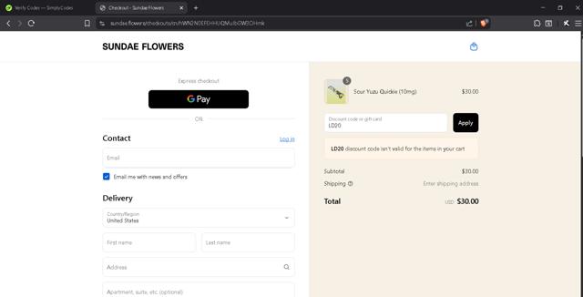 Sundae Flowers checkout page showing Sundae Flowers discount code box | Screenshot taken by SimplyCodes community member on Aug 29, 2025