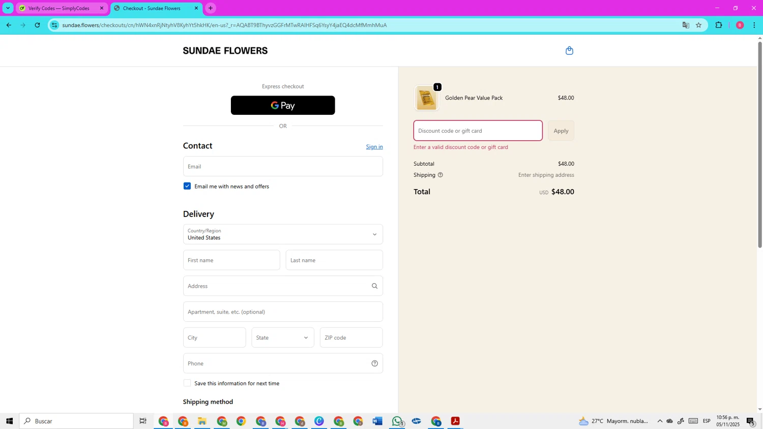 Sundae Flowers discount code screenshot showing code KIMCHIBOGO applied at Sundae Flowers checkout page. Uploaded by SimplyCodes community member CleverElite3562 on Nov 6, 2025