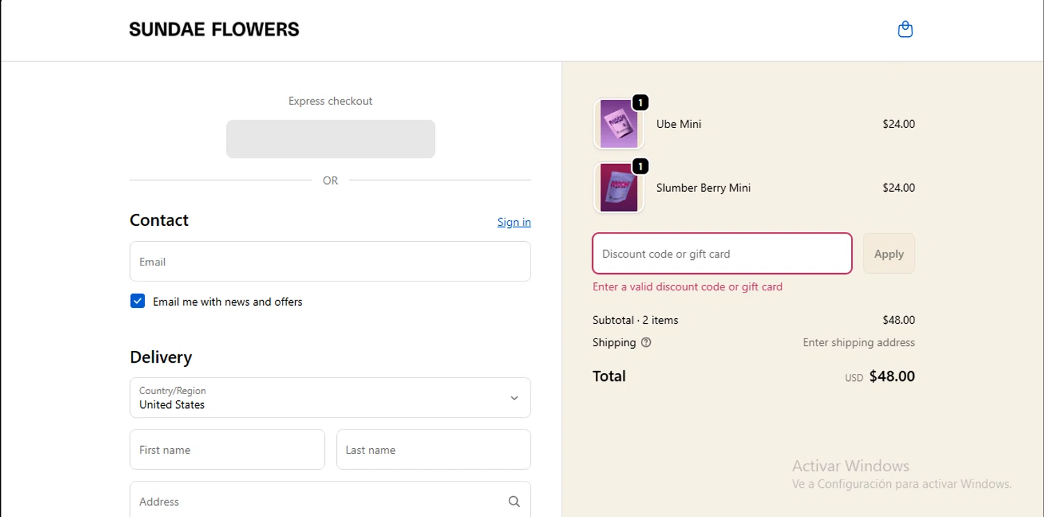 Sundae Flowers discount code screenshot showing code KIMCHIBOGO applied at Sundae Flowers checkout page. Uploaded by SimplyCodes community member GoldSeeker7901 on Nov 6, 2025