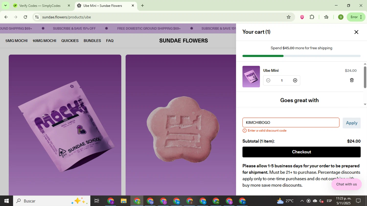 Sundae Flowers discount code screenshot showing code KIMCHIBOGO applied at Sundae Flowers checkout page. Uploaded by SimplyCodes community member ValiantMaestro6680 on Nov 6, 2025