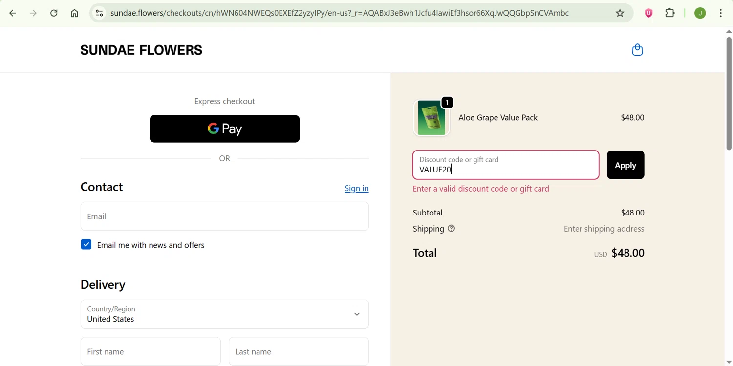 Sundae Flowers discount code screenshot showing code VALUE20 applied at Sundae Flowers checkout page. Uploaded by SimplyCodes community member ShrewdChaser7973 on Dec 3, 2025