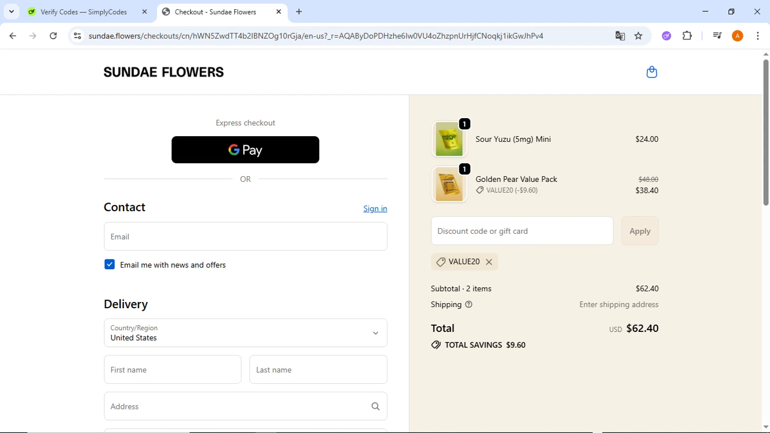Sundae Flowers discount code screenshot showing code VALUE20 applied at Sundae Flowers checkout page. Uploaded by SimplyCodes community member ThriftyMaverick437 on Dec 2, 2025