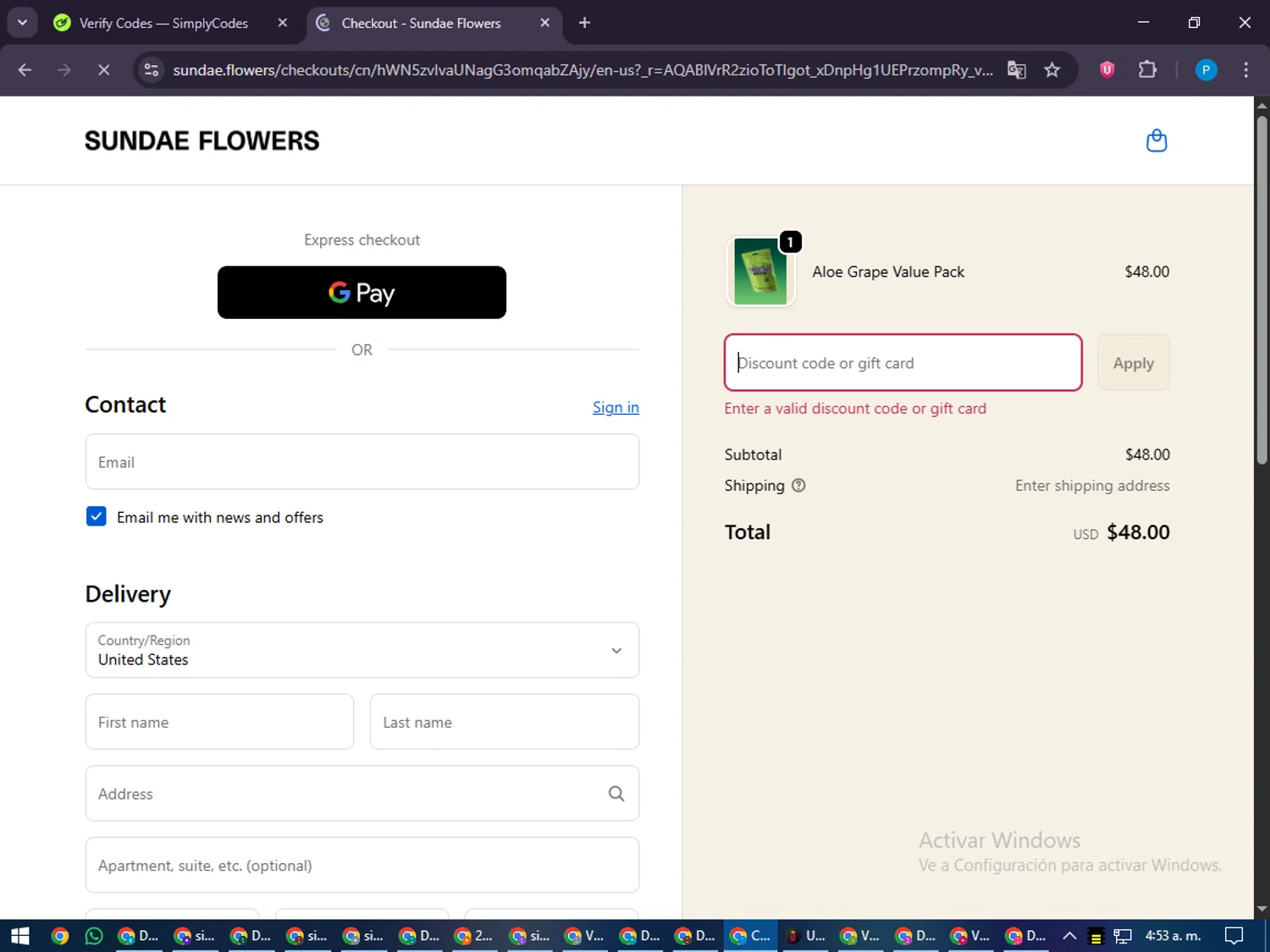 Sundae Flowers discount code screenshot showing code VALUE20 applied at Sundae Flowers checkout page. Uploaded by SimplyCodes community member juiceWRLD on Dec 3, 2025