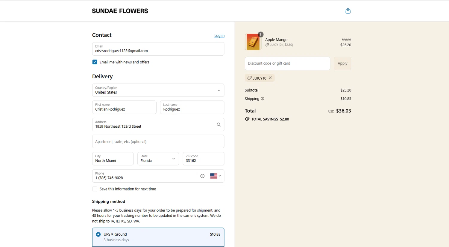 Sundae Flowers discount code screenshot showing code JUICY10 applied at Sundae Flowers checkout page. Uploaded by SimplyCodes community member NiceDeals on Jul 14, 2025