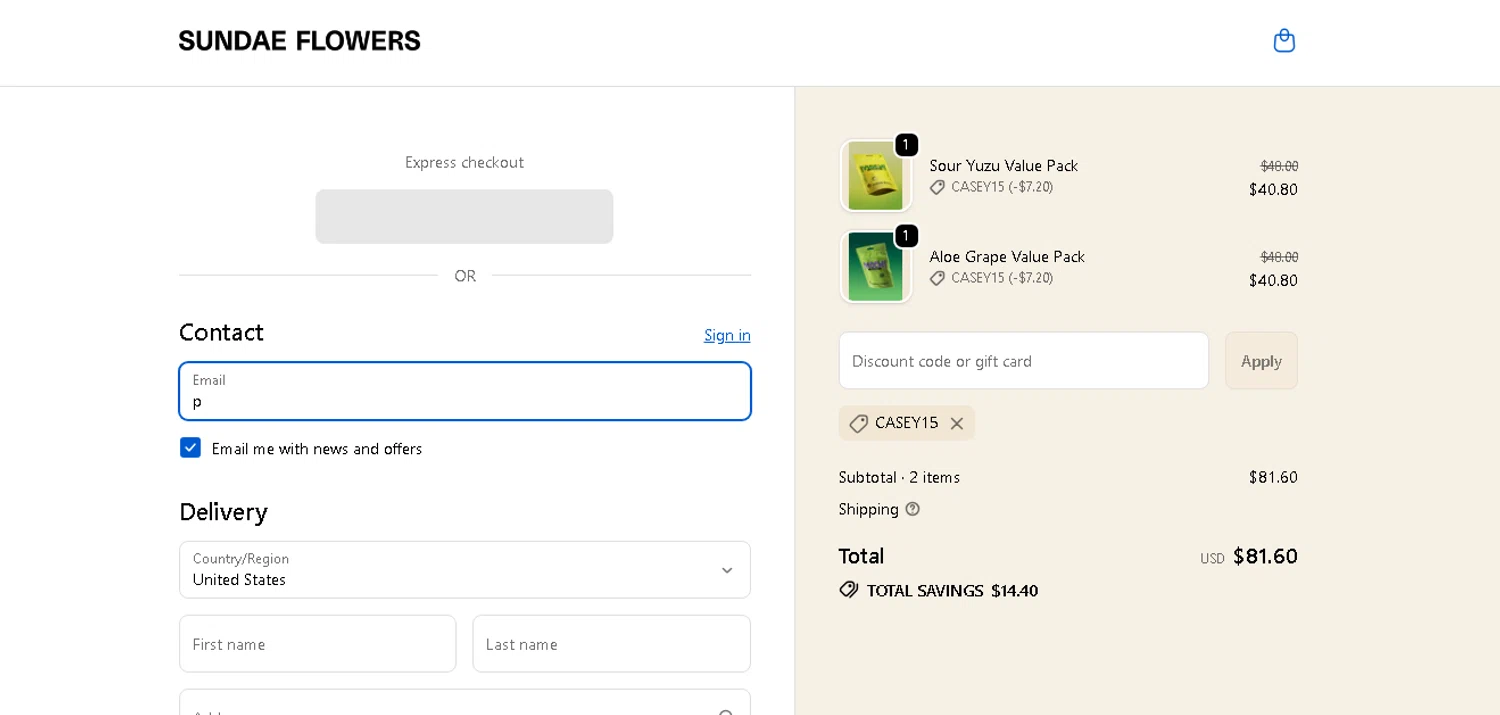 Sundae Flowers discount code screenshot showing code Casey15 applied at Sundae Flowers checkout page. Uploaded by SimplyCodes community member shark12 on Dec 18, 2025