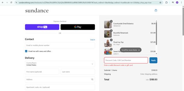 Sundance Living checkout page showing Sundance Living promo code box | Screenshot taken by SimplyCodes community member on Mar 17, 2025