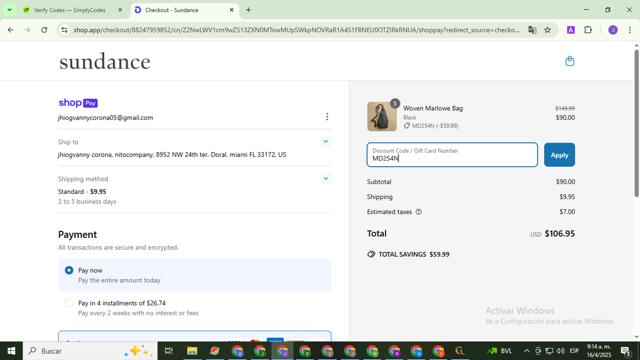 Sundance Living checkout page showing Sundance Living promo code box | Screenshot taken by SimplyCodes community member on Apr 16, 2025
